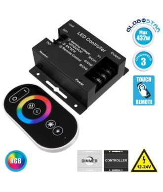 GLOBOSTAR® RGBCONTROLLER 73406 Σετ Dimmer - Controller με RF Ασύρματο Χειριστήριο με 3 x 6A 180W Κανάλια DC 12-24V 18A 432W Max IP20 - RF2.4Ghz - Μ8.3 x Π8.1 x Υ3.3cm - 2 Χρόνια Εγγύηση
